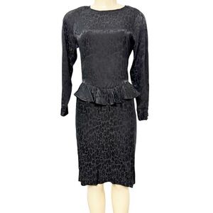Vintage Argenti Petites 6 Silk Dress Black Animal Print Peplum Slit Long Sleeve
